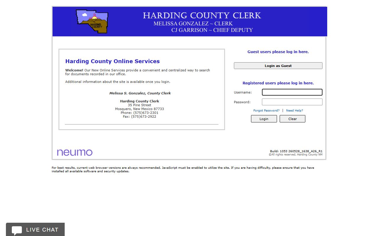 Harding County Clerk of Court CountyFusion recorded records portal distinction