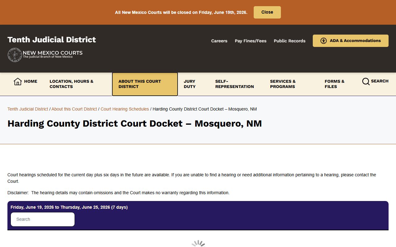 Harding County court dockets District Court docket page