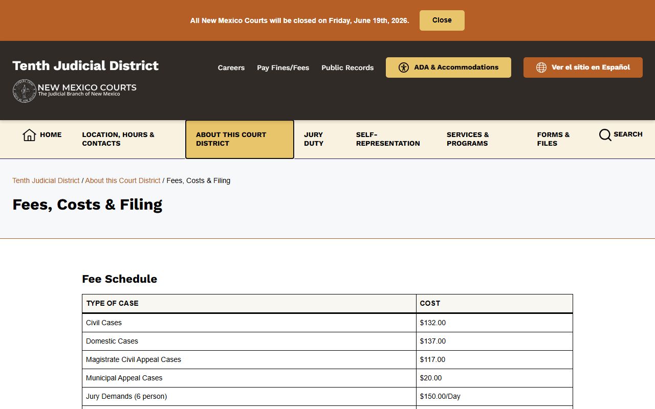 Harding County District Court fees costs filing records