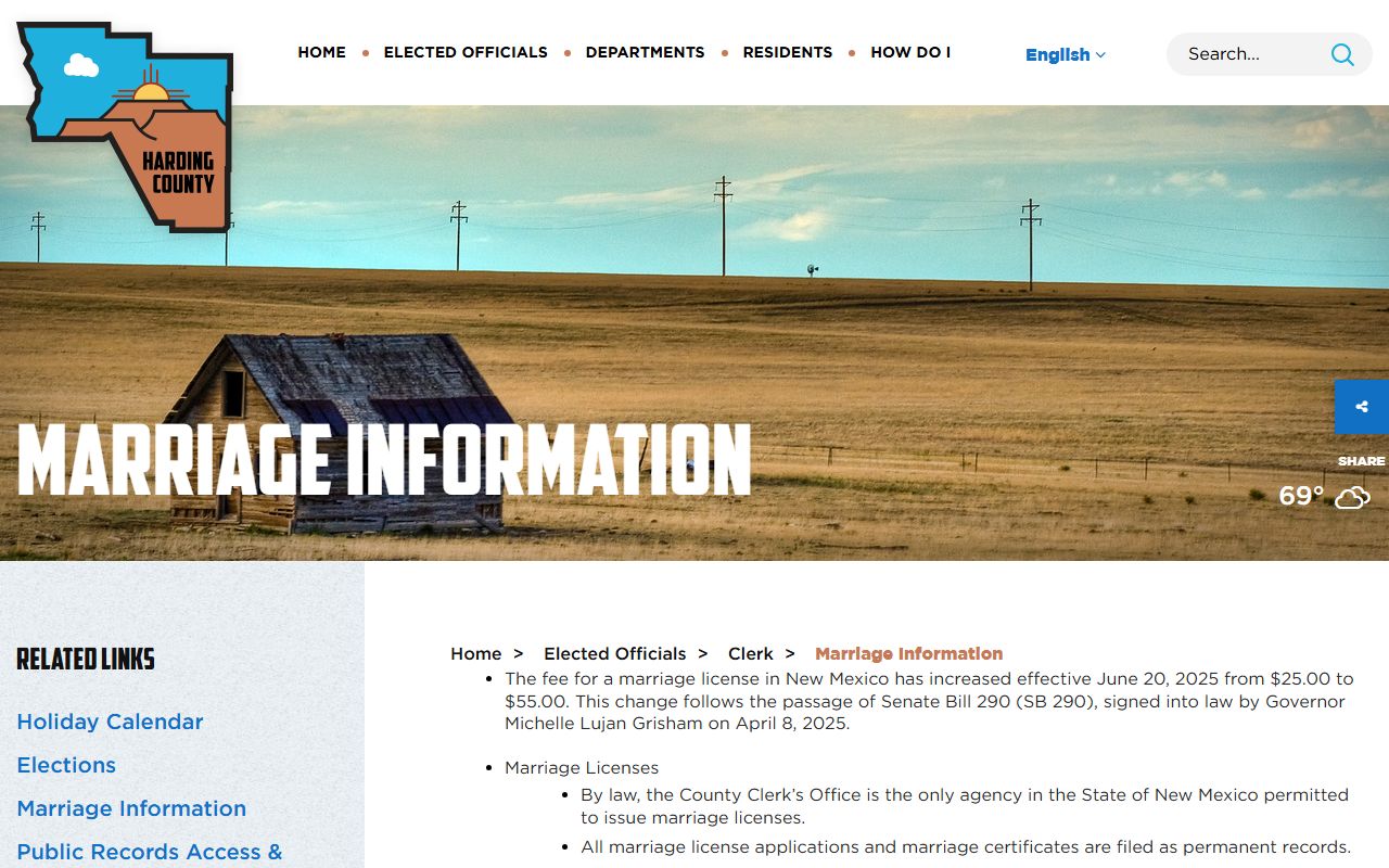 Harding County marriage records license information page